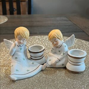 TWO Vintage 1970’s Angel Candle Holders - White and Gold Ceramic Bisque